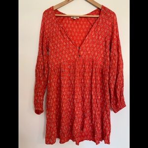 Red Patterned Billabong Long Sleeve Mini Dress S